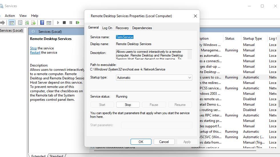The Remote Desktop Services Properties window 