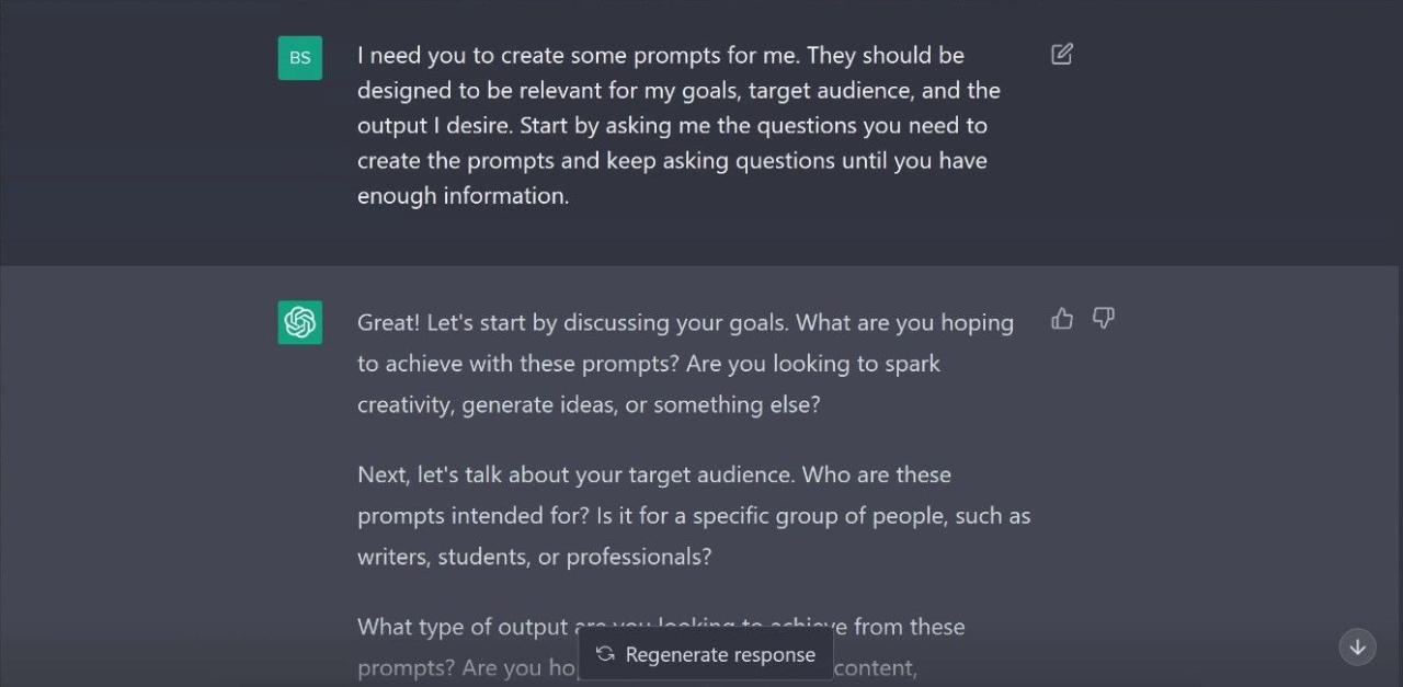 Screenshot of ChatGPT answering question about creating prompts