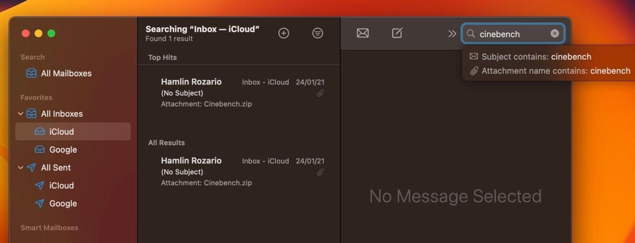 searching a specific mailbox in Apple Mail for Mac