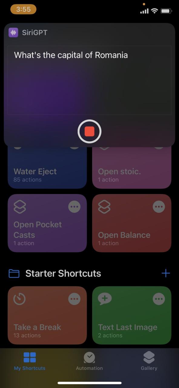 SiriGPT prompt screen