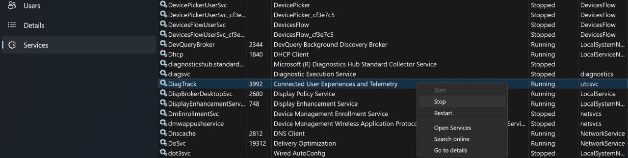Stop DiagTrack Service in Windows Task Manager