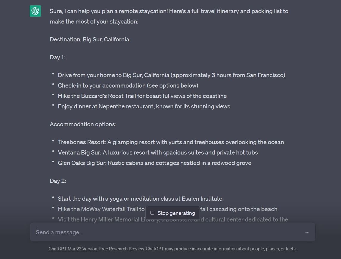 ChatGPT provides a personalized travel itinerary and to-do list for Big Sur, California