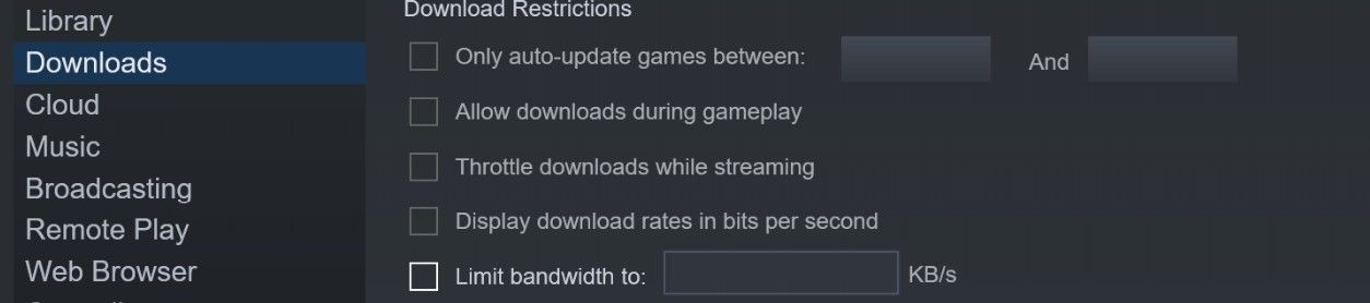 Uncheck the Box Beside Limit Bandwidth to in Steam Client Settings
