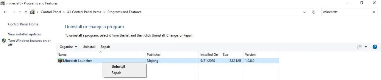 uninstalling minecraft in the control panel