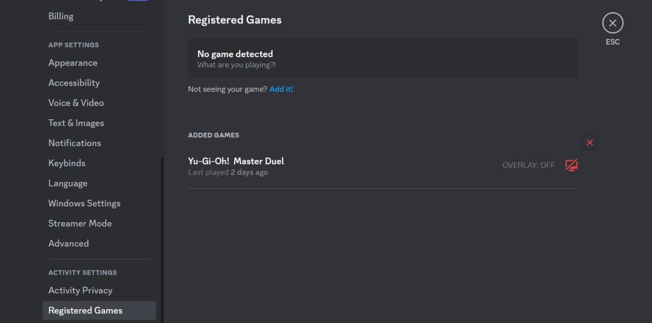 Ensure the Game is Listed in the Added Games Section of the Registered Games Tab in Discord Settings