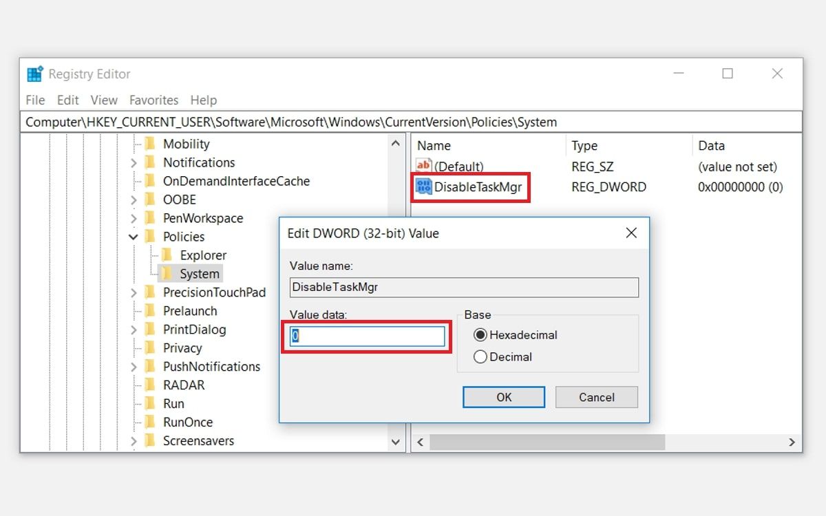Enable the Task Manager in Registry Editor