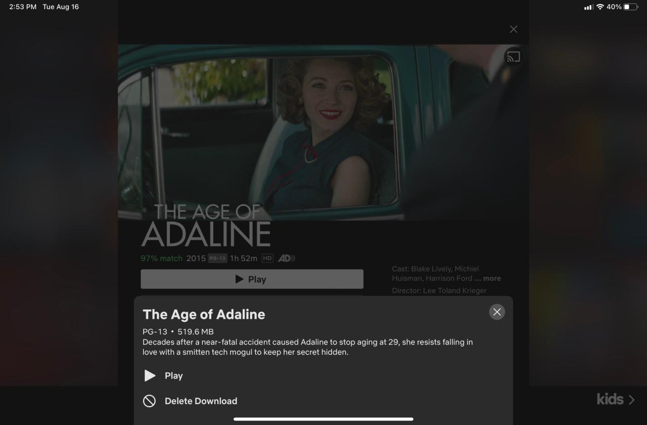 Netflix Download Delete Page featuring The Age of Adeline with play and delete download button.