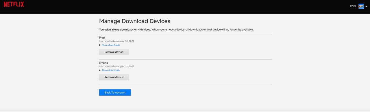 Netflix Manage Download Devices Webpage with Remove Device Button 
