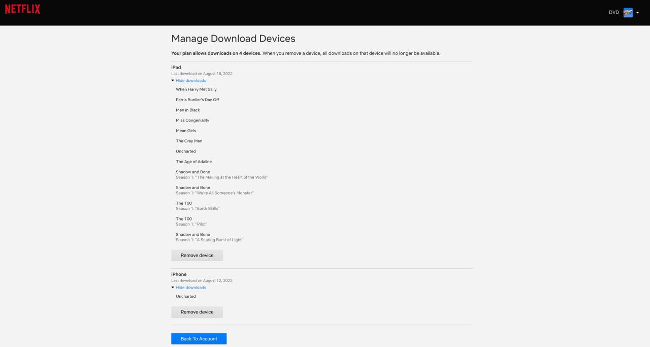 Netflix Remove Device for Downloads Page with Remove Device Buttons and device lists. 