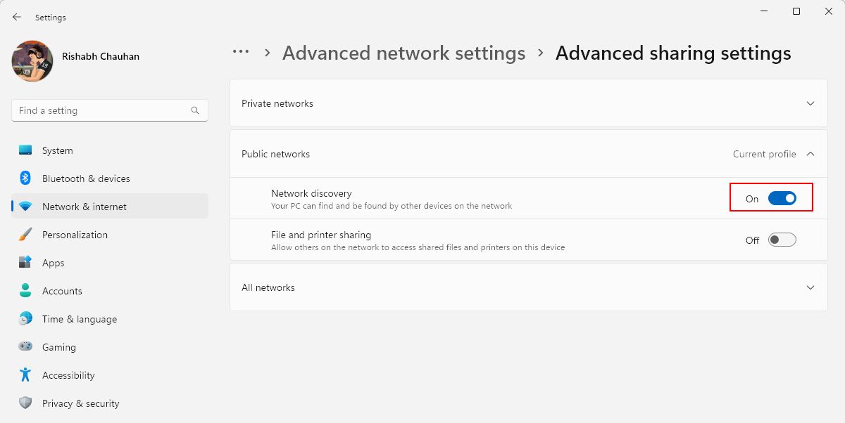 Advanced Network Sharing Settings