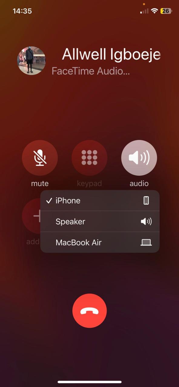 Call audio menu displaying iPhone, Speaker, and MacBook Air