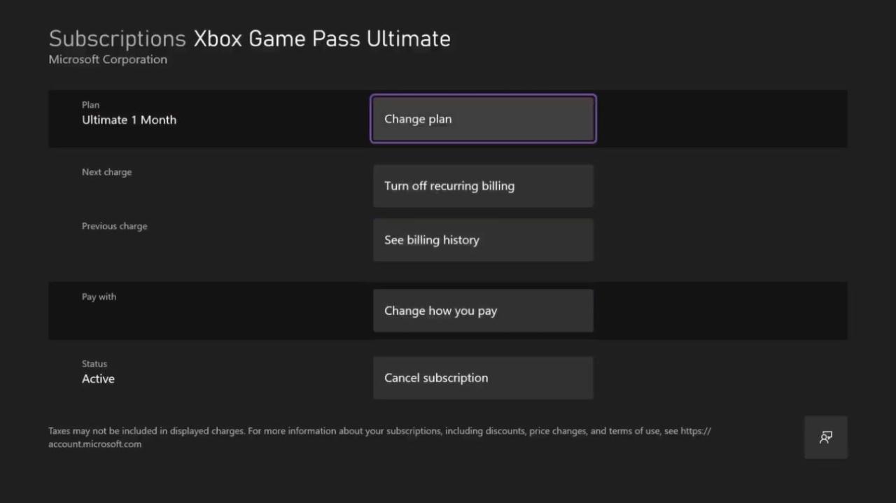 A screenshot of the available Xbox Game Pass subscription options on Xbox Series X with Change Plan highlighted