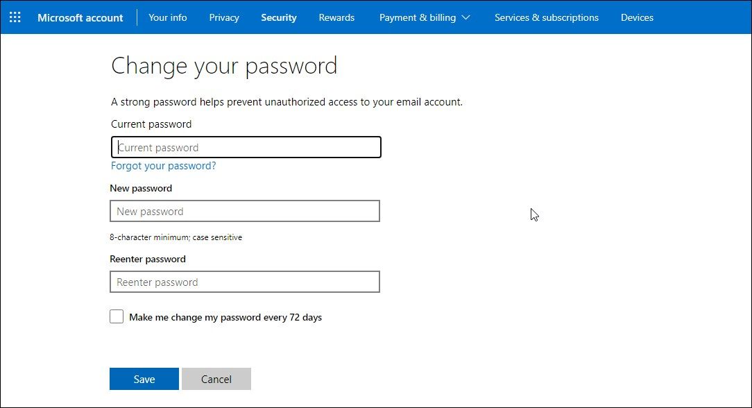 change my password microsoft account