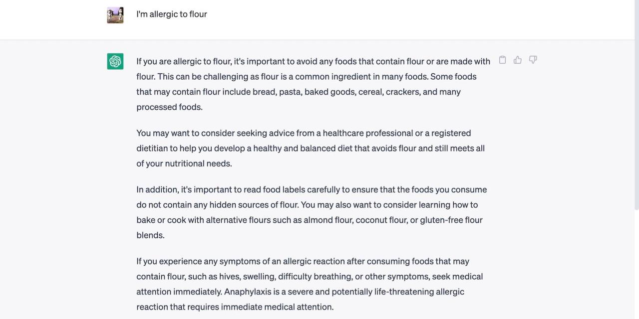 Telling ChatGPT About Food Allergies