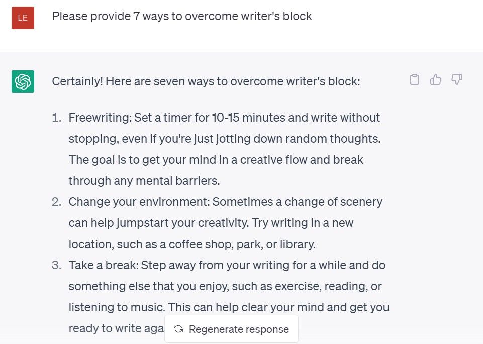 ChatGPt overcoming writer\'s block prompt