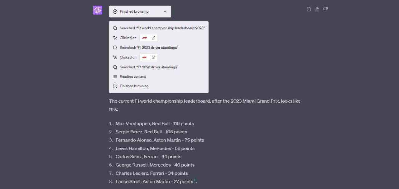chatgpt web browsing search may 2023 f1 world champs