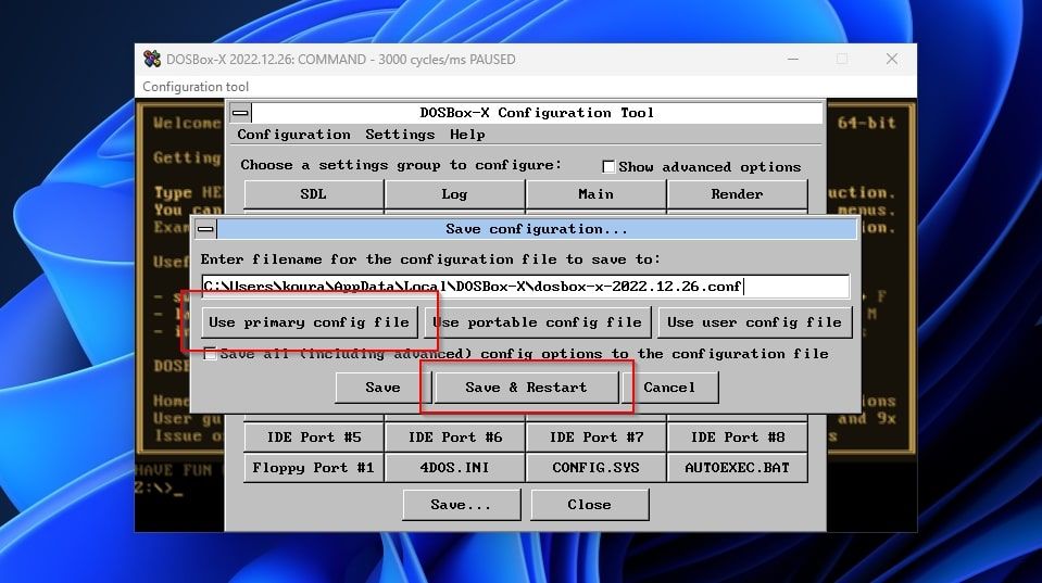 DOSBox-X Configuration Tool Choosing Config File and Restarting App