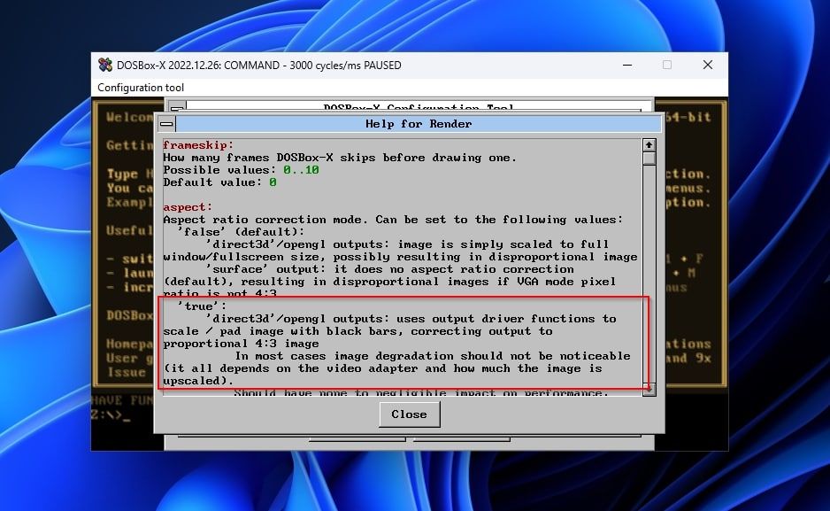 DOSBox-X Configuration Tool Help Aspect Info