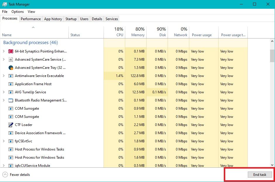 End Task on Task manager Page
