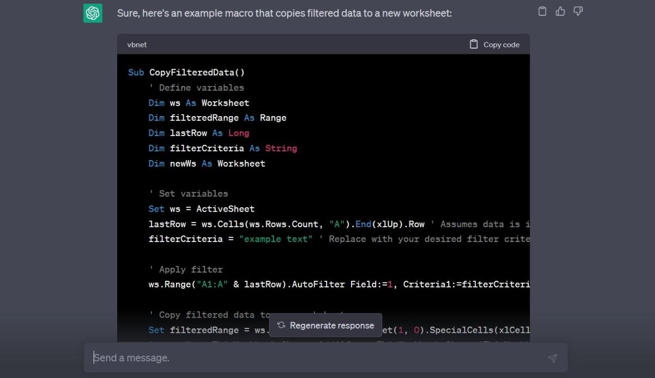 ChatGPT showing the macro to copy filtered data to a new worksheet on Excel