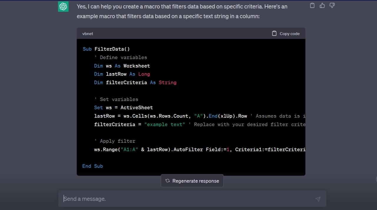 ChatGPT showing the macro to create filters 