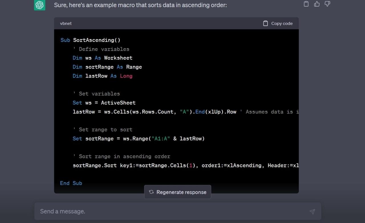 ChatGPT showing an example macro for the sort filter on Excel