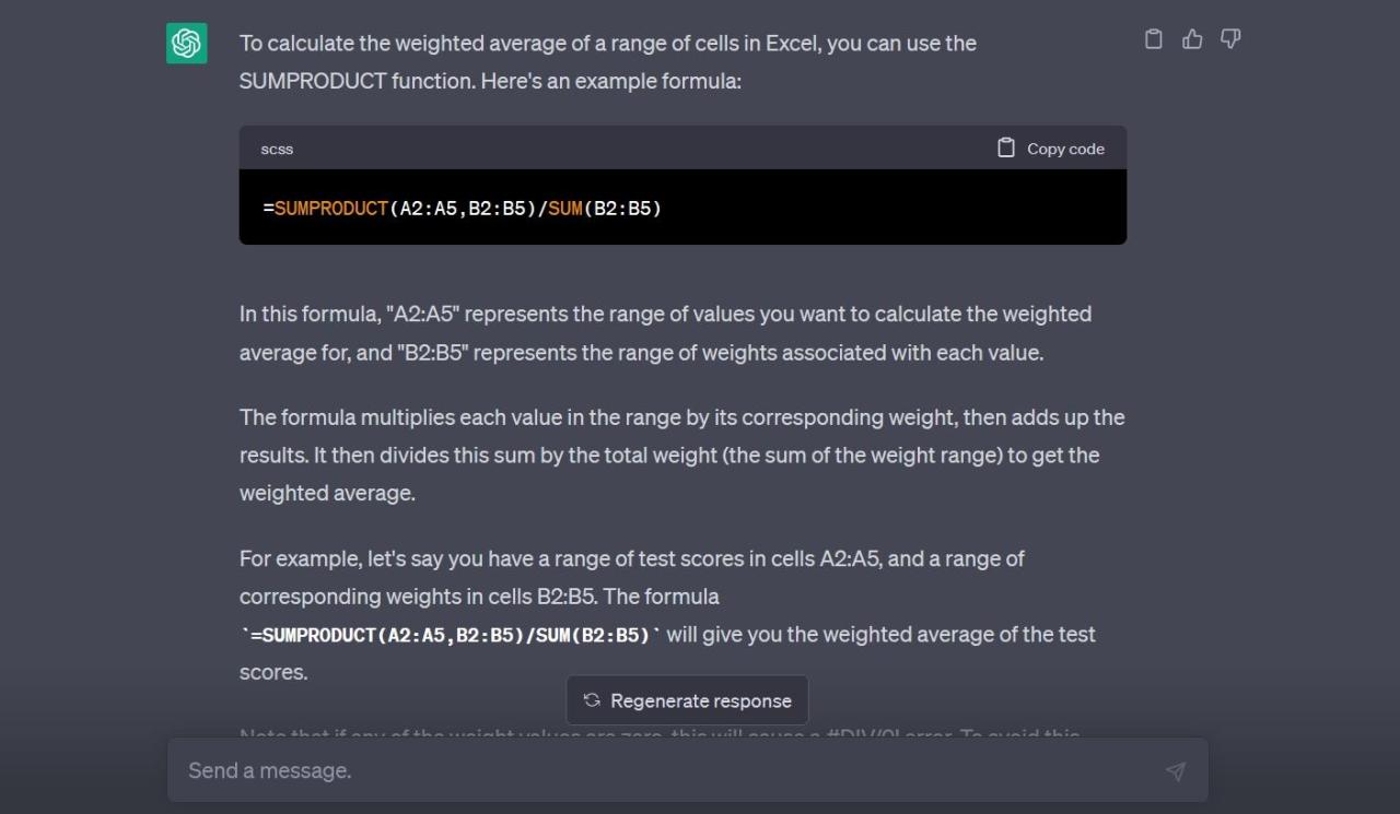 ChatGPT showing the formula for the SUMPRODUCT function for weighted average on Excel