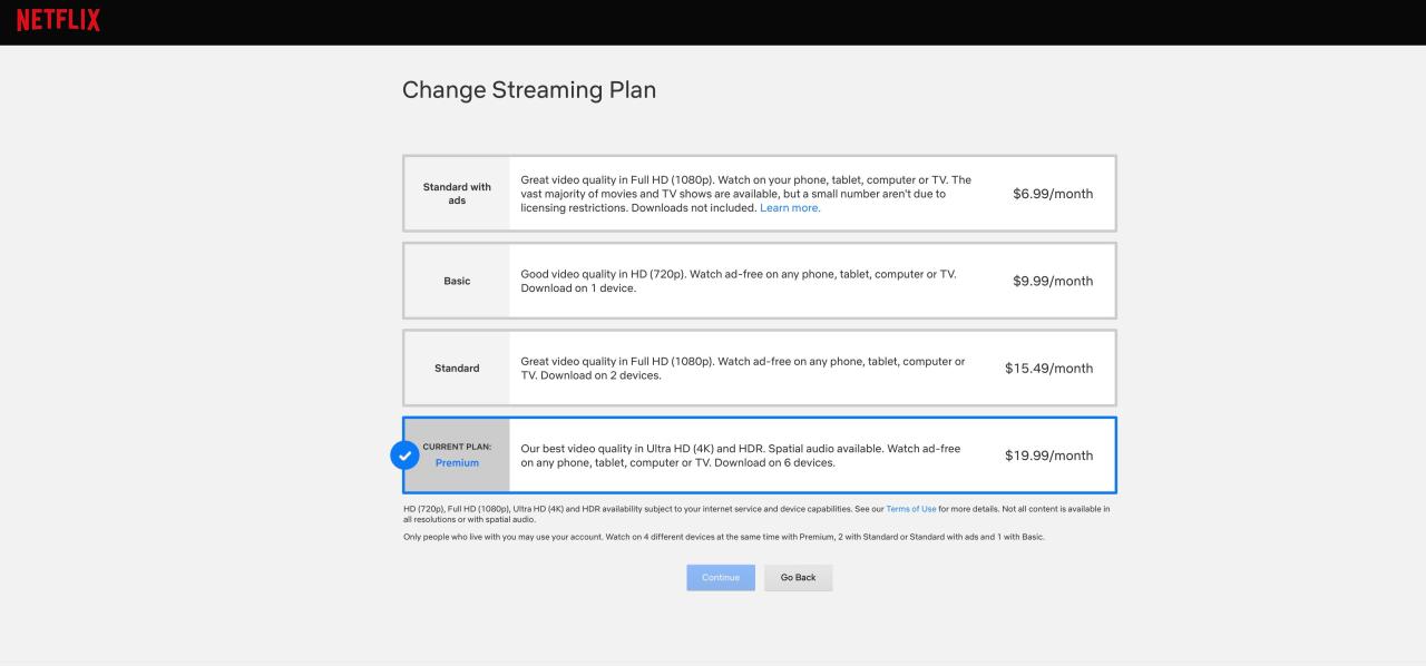 Netflix Plan Options with standard with ads, basic, standard, and premium options