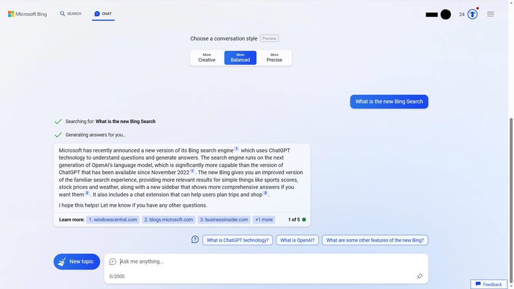 New Bing Chat Feedback showing Chat Prompts
