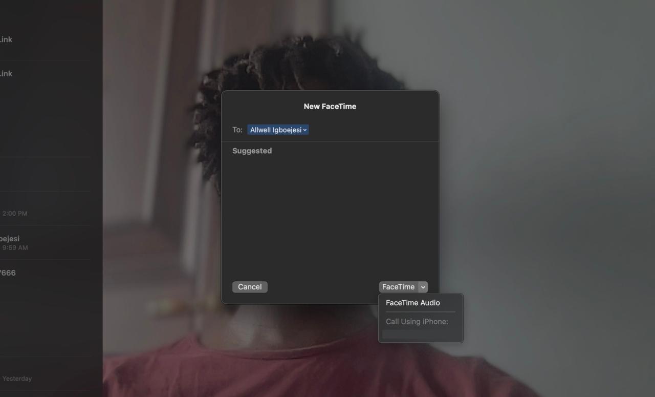 New FaceTime contacts prompt window with option for FaceTime Audio