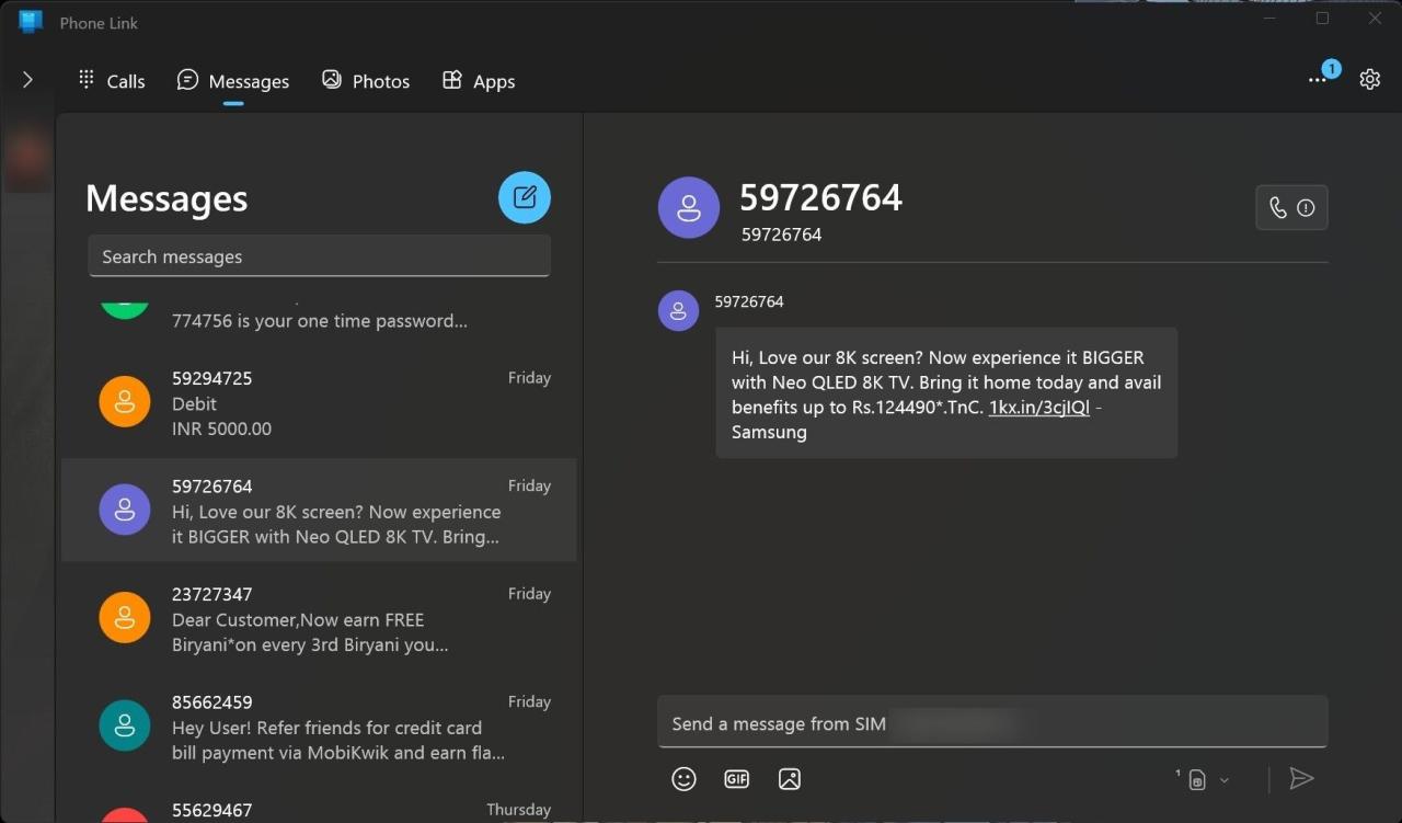 Screenshot showing messages in Phone Link