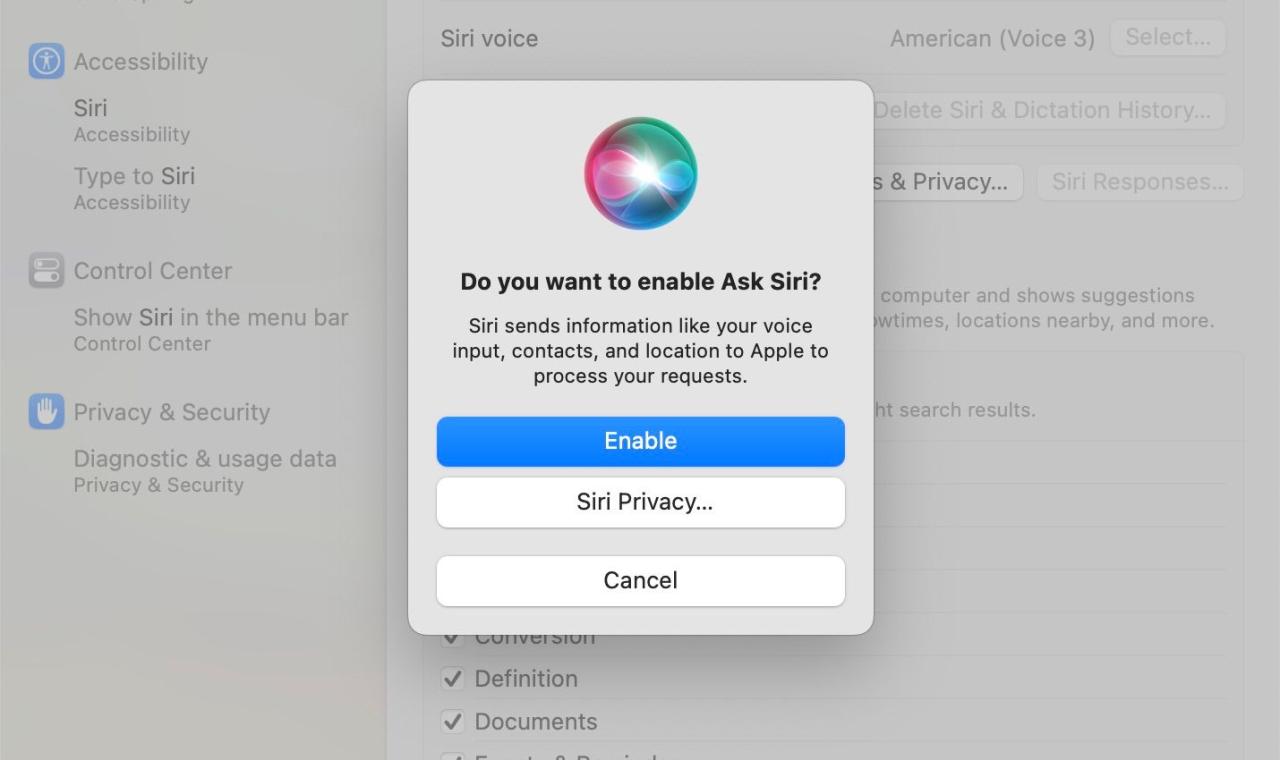 Prompt to enable Ask Siri in System Settings