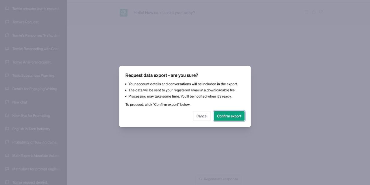 Requesting ChatGPT to Export Previous Chats