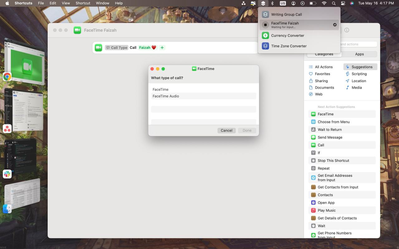 Running a FaceTime shortcut with the Shortcut menu bar menu open and the FaceTime prompt on the screen