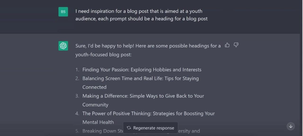 Screenshot of ChatGPT generating prompts