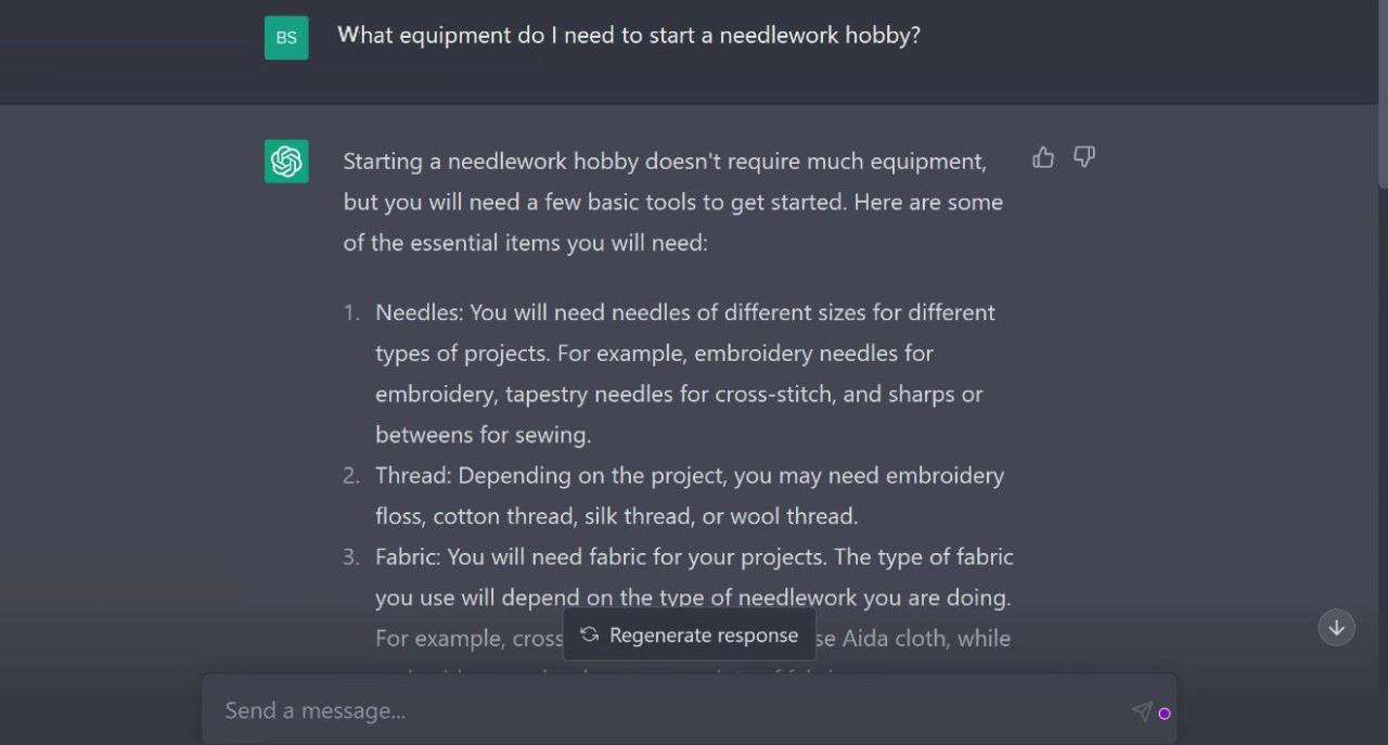 Screenshot of ChatGPT response to basic question about needlework