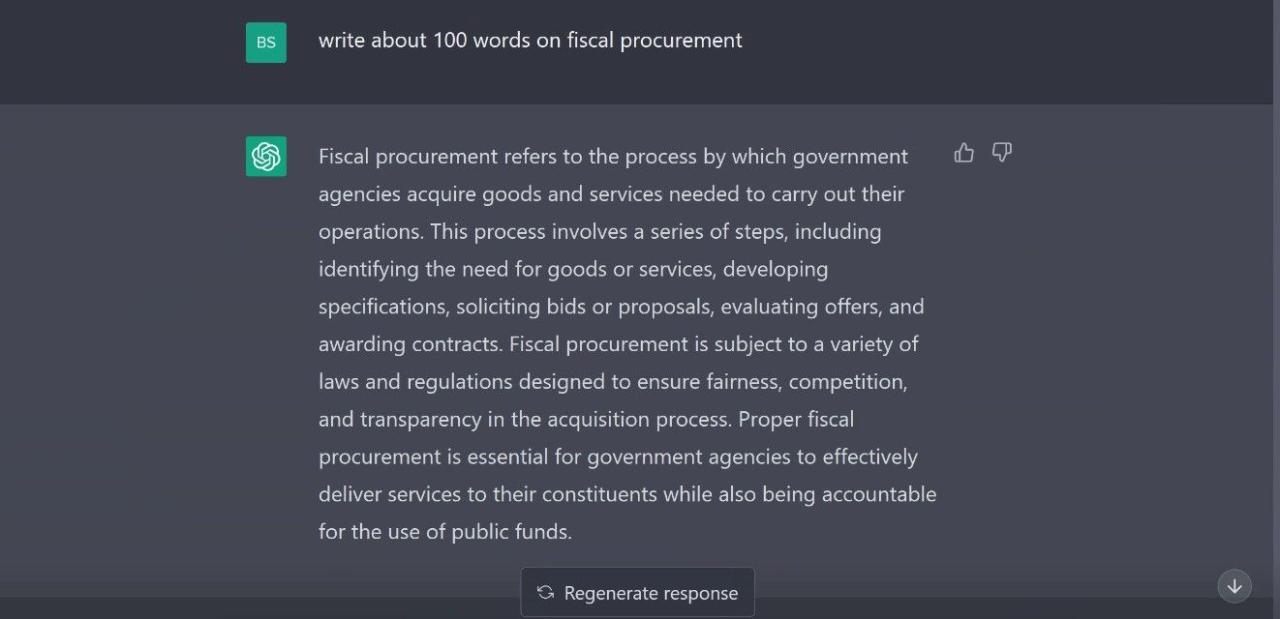 Screenshot of ChatGPT response to write 100 words on fiscal procurement