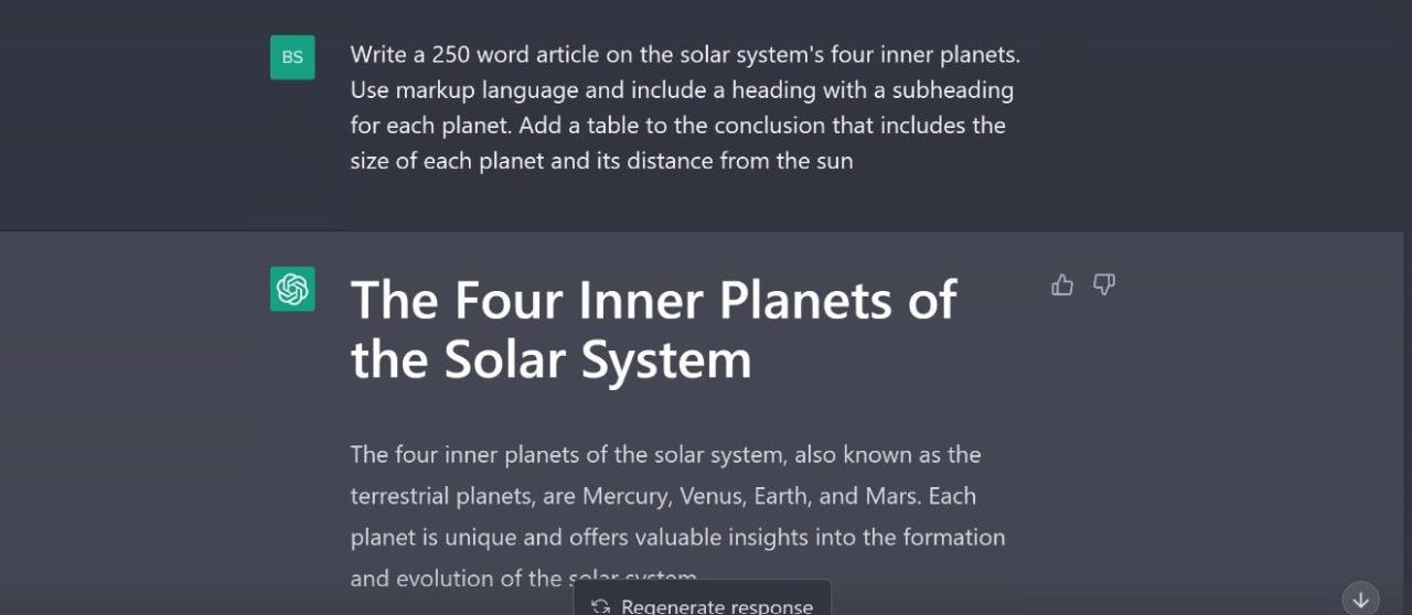 Screenshot of ChatGPT using Markup language