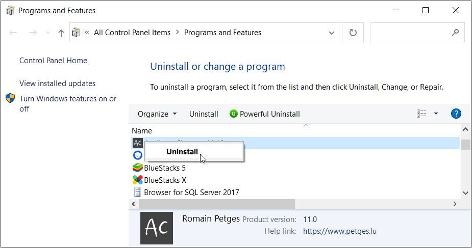Selecting the Uninstall option on the Programs and Features window