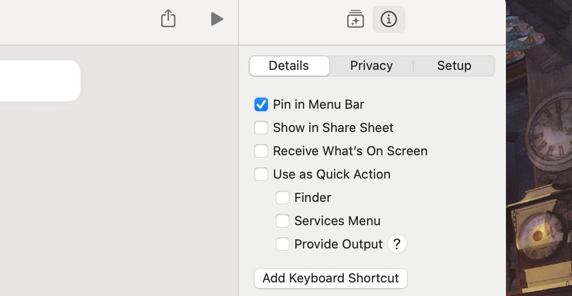 Shortcuts\' Pin in Menu Bar toggle on macOS