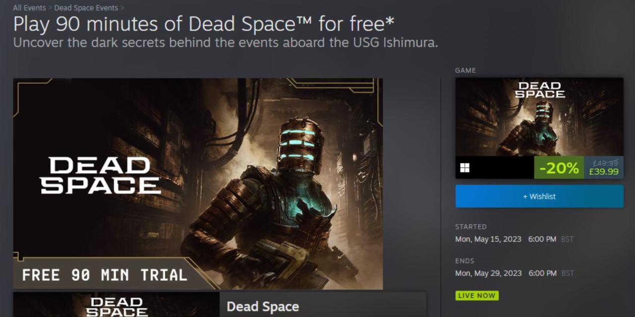 Dead Space free trial Steam page