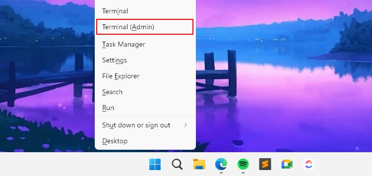 Terminal Admin Option Power Menu