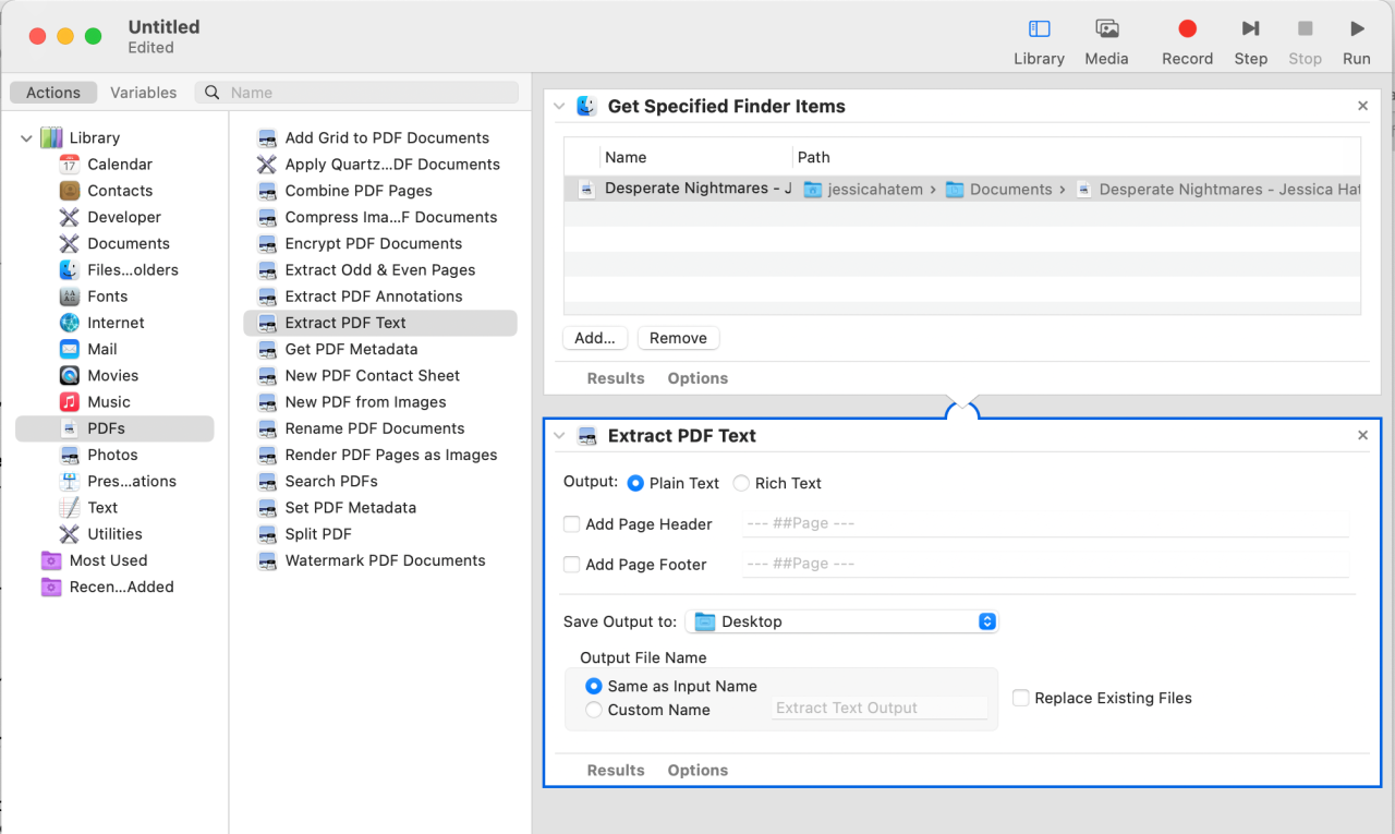 A workflow set up in Automator for extracting text from a PDF