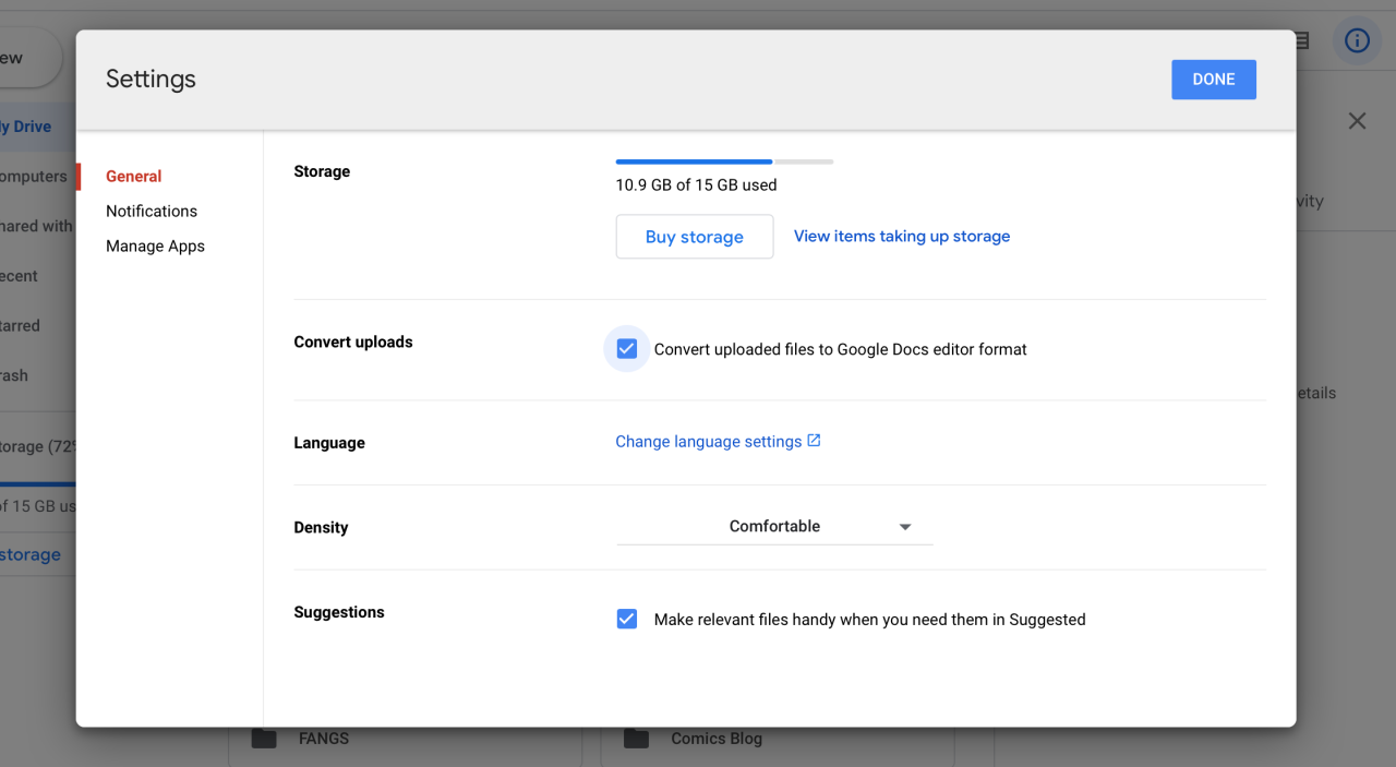 The Settings menu in Google Drive with the Converting files box checked