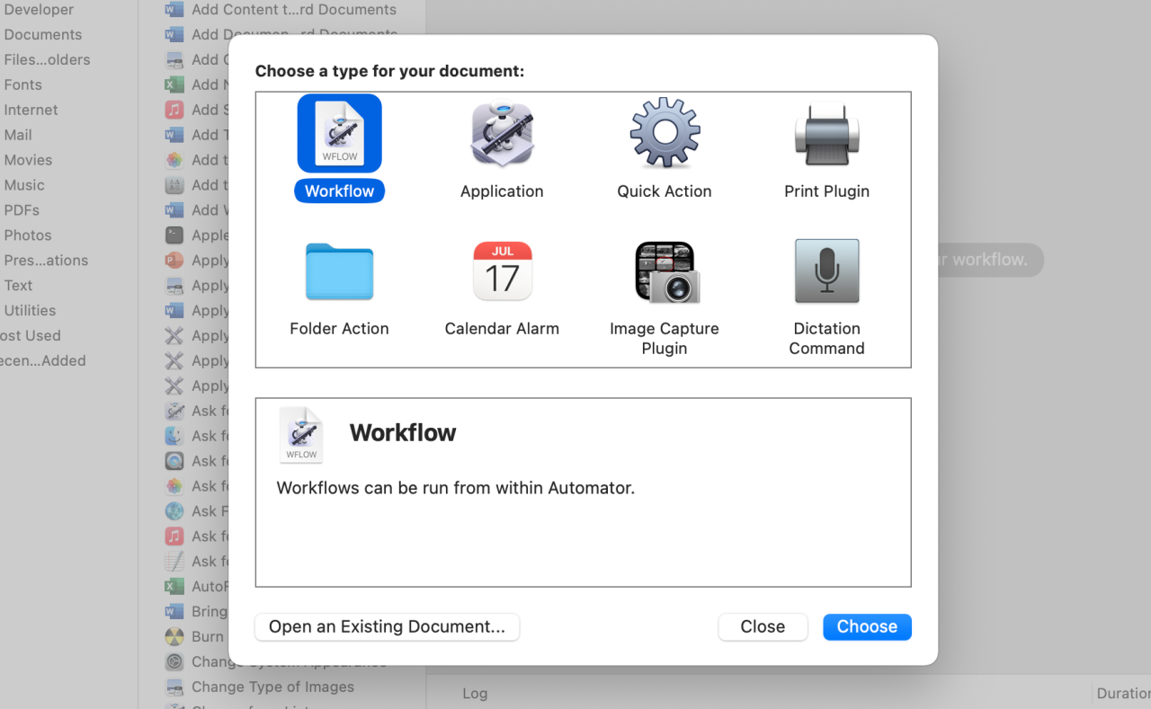 The Workflow document type is selected in the Automator application