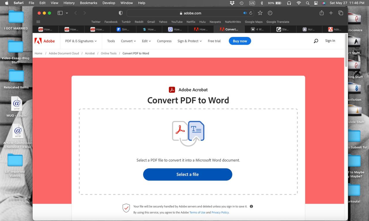 Adobe online PDF to Word conversion tool main page open in Safari on Mac