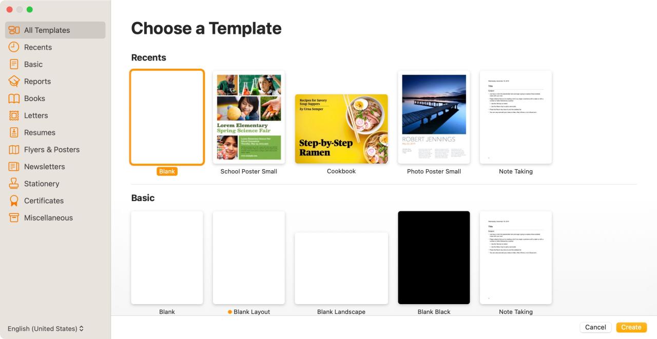 Choosing document templates in Apple Pages for Mac