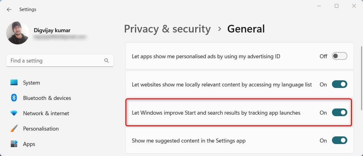 Disable App Launch Tracking through Windows Settings