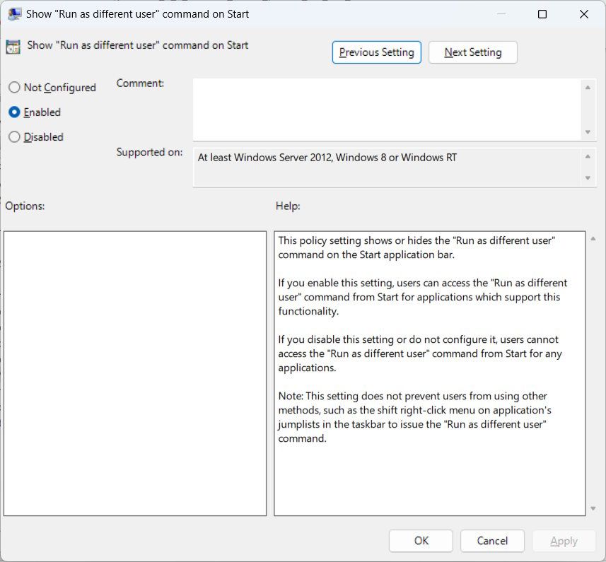 Editing the Show Run as different user command on Start policy in the Local Group Policy Editor on Windows