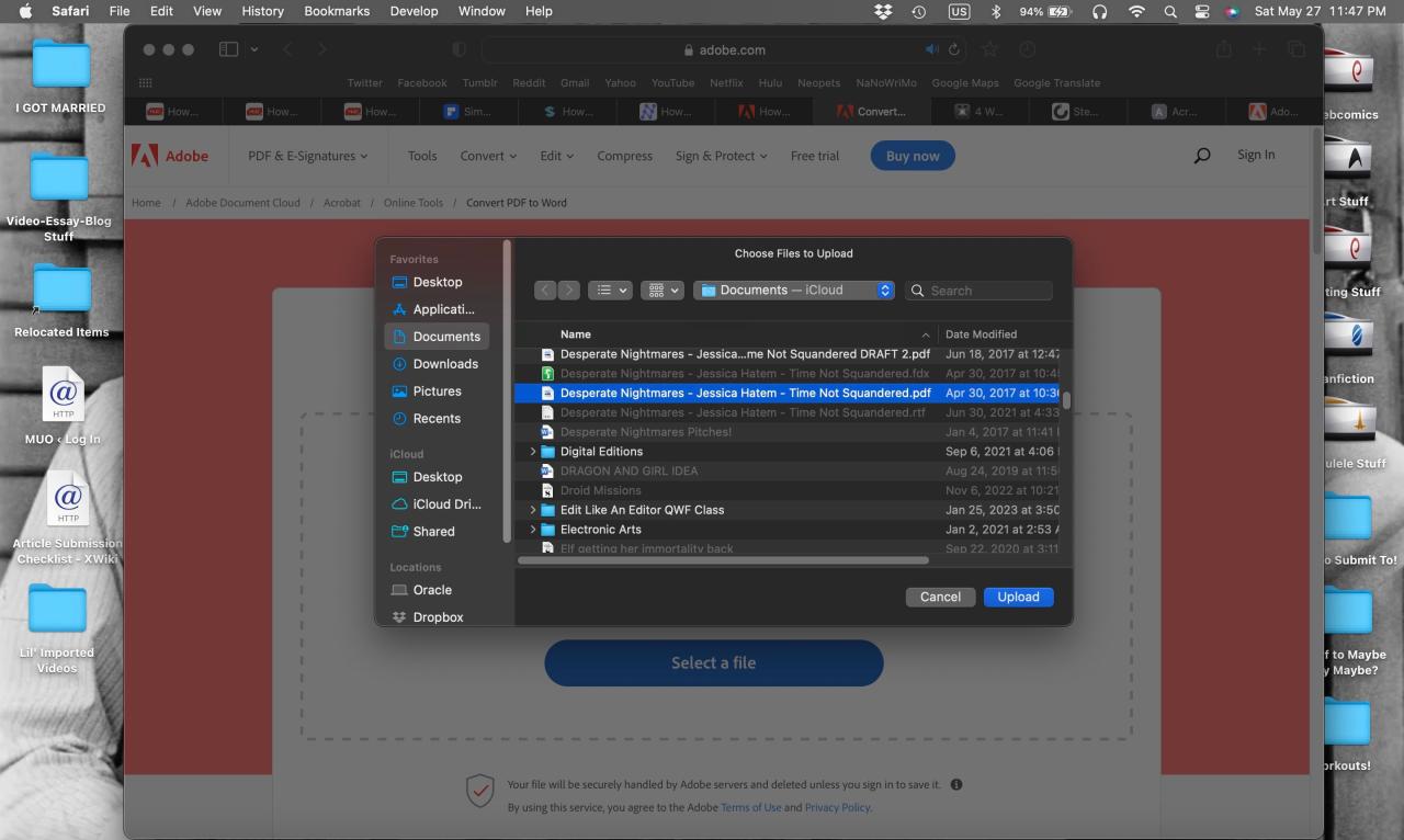 File upload menu open in Adobe PDF to Word online conversion tool